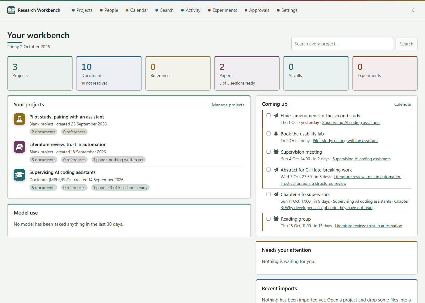The start page, with your projects, what is coming up and what needs your attention