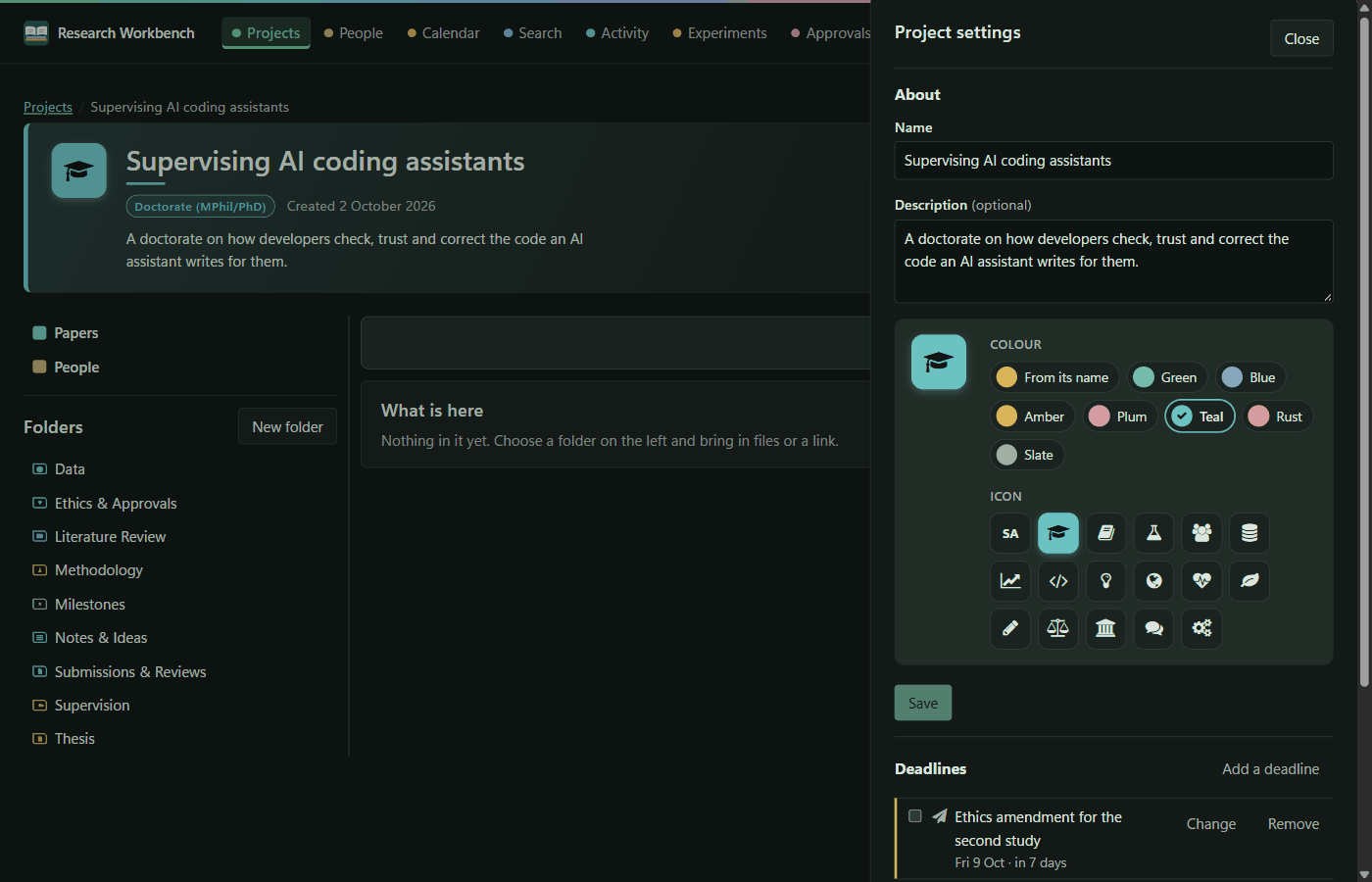 A synced project's settings in the cloud