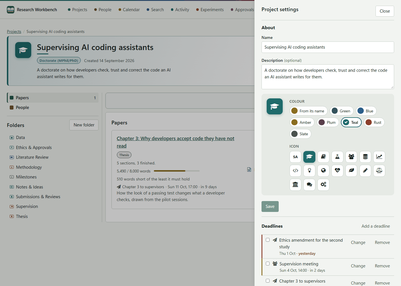 Project settings: name, description, colour, icon and deadlines