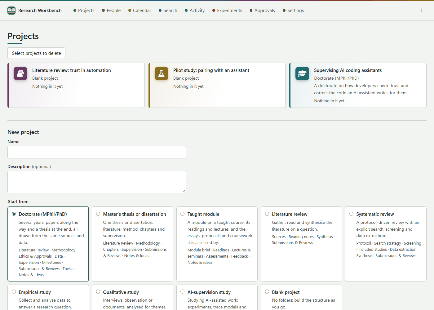 The Projects page, with three projects and the form to make a new one